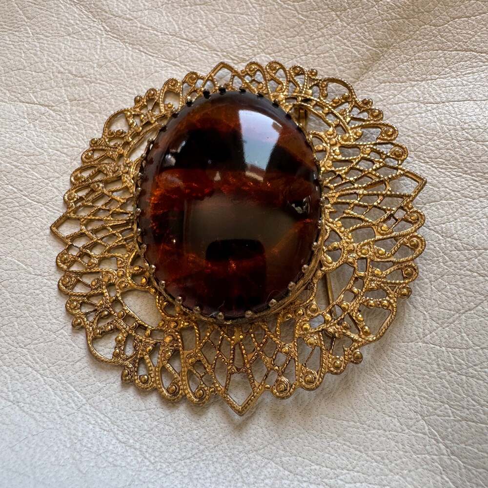 Signed Miriam Haskell Large Brooch With Amber Glass Stone